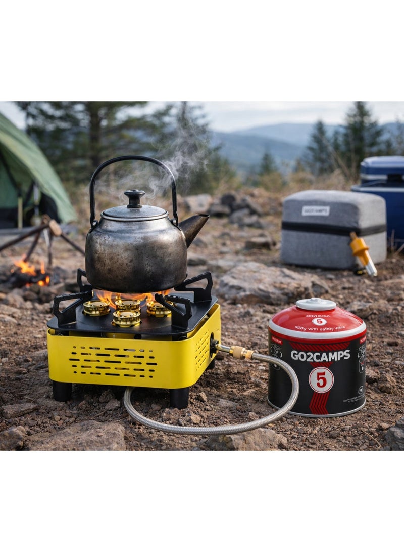 GO2CAMPS High-Output 5-Burner Portable Camping Stove Combo Pack – Includes 450g Screw-Type Butane/Propane Gas Canister, Gas Adapter Connector, and Igniter – Heavy-Duty Windproof Outdoor Cooking Kit with Premium Carry Case - Image 2